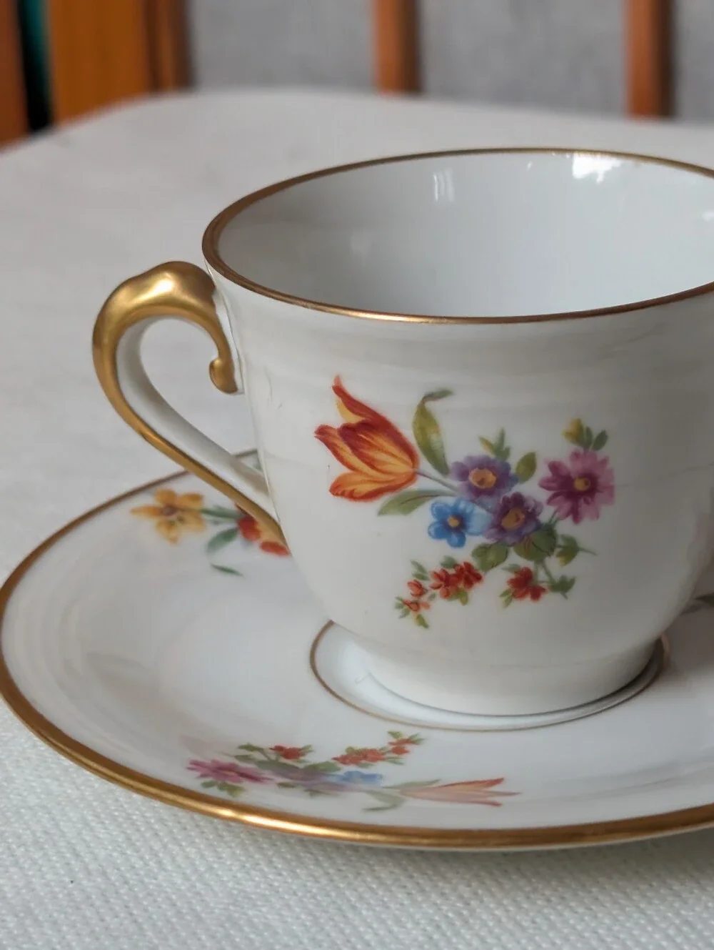 Antique Limoges France Teacup Saucer Set Flambeau GDA Dresden Floral Gold Gilt